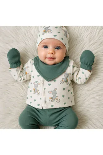 Velosipedda Koala Naqshi Zumrud Yashil 5 dona Yangi tug'ilgan Unisex Chaqaloq Kasalxona Chiqish To'plami - LINDA HARRIS (1)