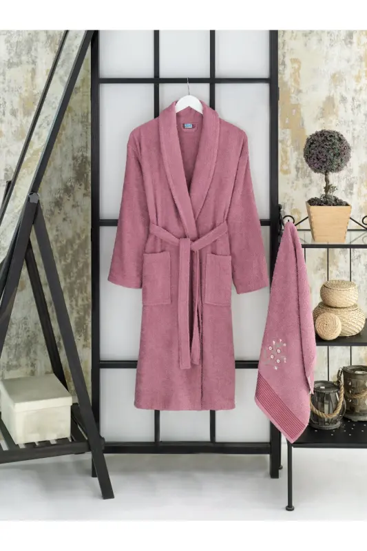 Velrobe Oversized Cotton Hooded Towel Bathrobe - rose quartz - 1