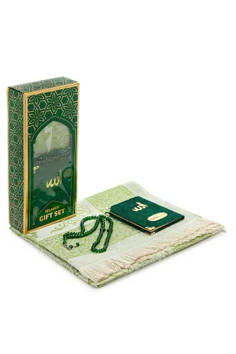 Velvet Covered Yasin-i Sharif Book Rosary Prayer Rug Set Green-Green - 1