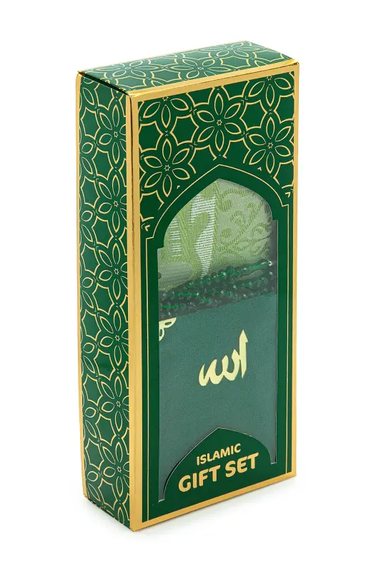 Velvet Covered Yasin-i Sharif Book Rosary Prayer Rug Set Green-Green - 2