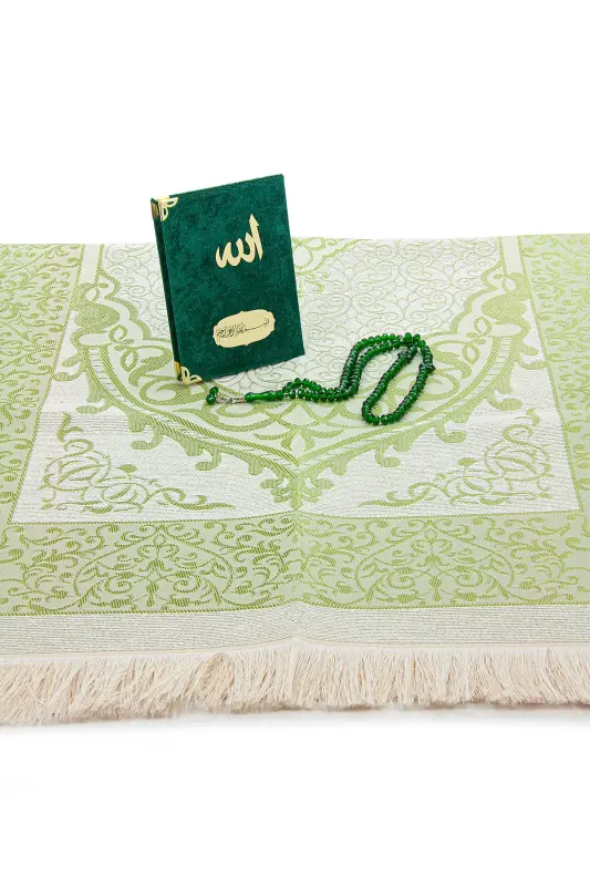 Velvet Covered Yasin-i Sharif Book Rosary Prayer Rug Set Green-Green - 3
