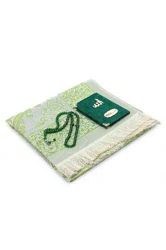 Velvet Covered Yasin-i Sharif Book Rosary Prayer Rug Set Green-Green - 4