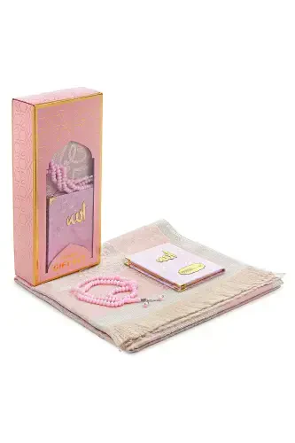 Velvet Covered Yasin-i Sharif Book Tasbeeh Prayer Rug Set Pink - 1