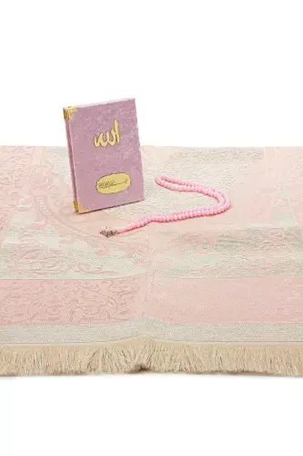 Velvet Covered Yasin-i Sharif Book Tasbeeh Prayer Rug Set Pink - 4