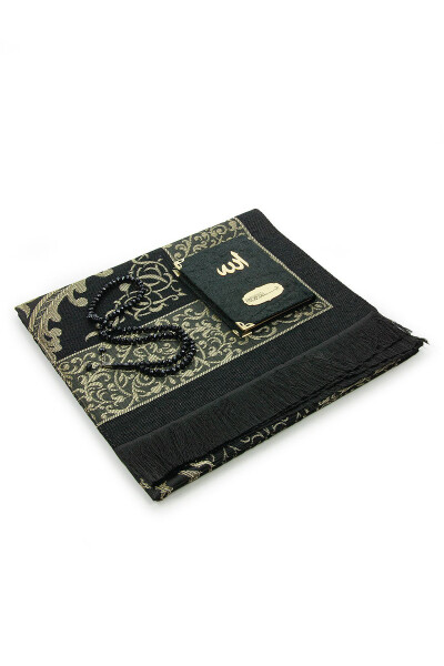 Velvet Covered Yasin-i Sharif Book Tasbeeh Sejadah Set Black - 3