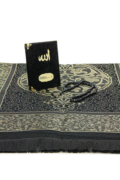 Velvet Covered Yasin-i Sharif Book Tasbeeh Sejadah Set Black - 4