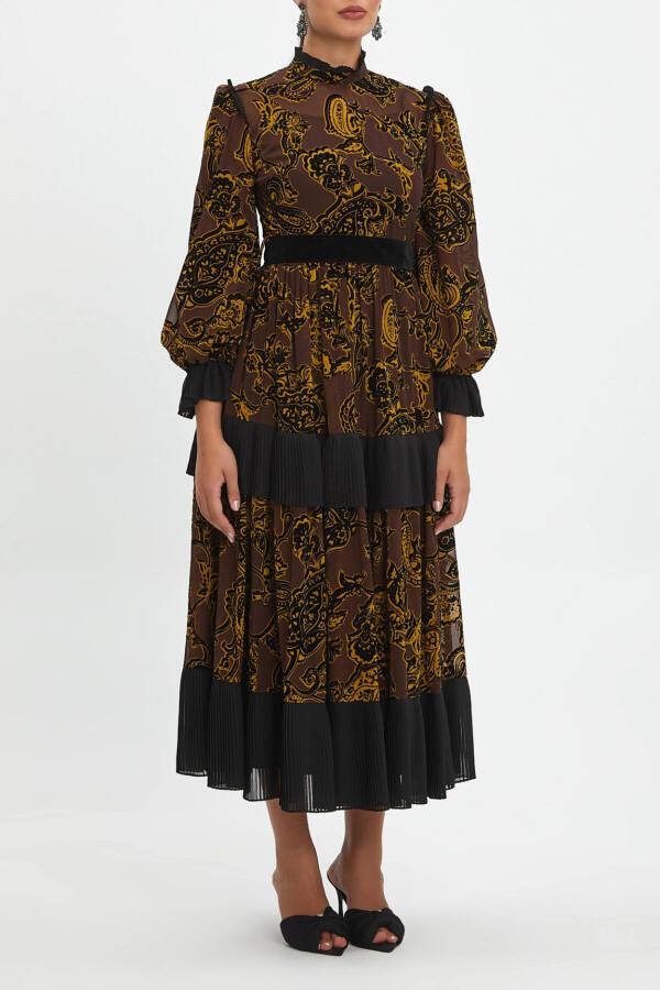 Velvet Detailed Belted Waist Skirt and Ruffled Sleeve Clergy Collar Long Coffee Dress 40335 - 1