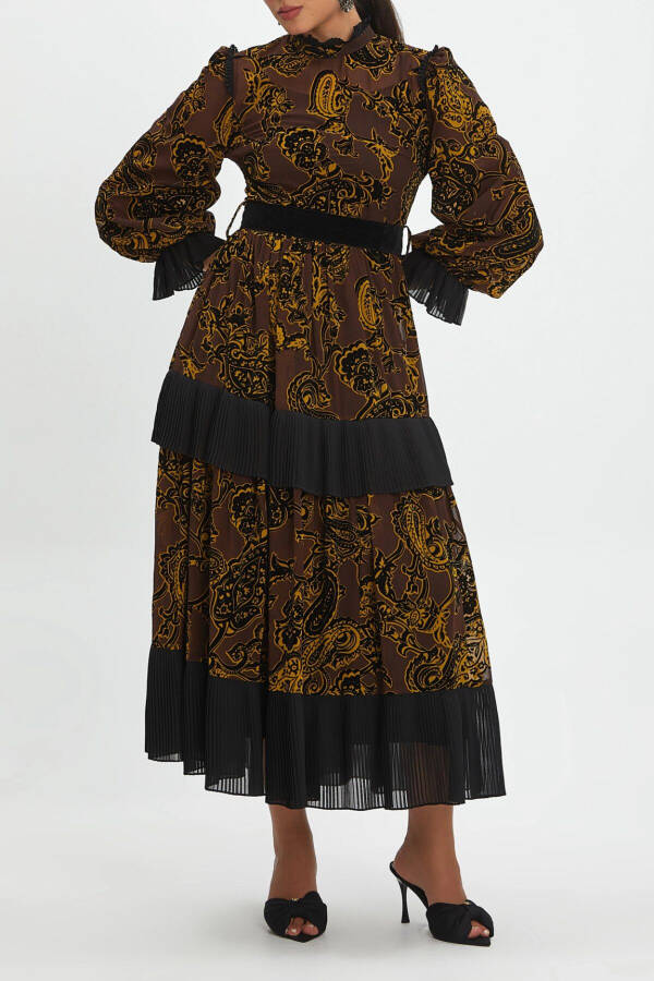 Velvet Detailed Belted Waist Skirt and Ruffled Sleeve Clergy Collar Long Coffee Dress 40335 - 3