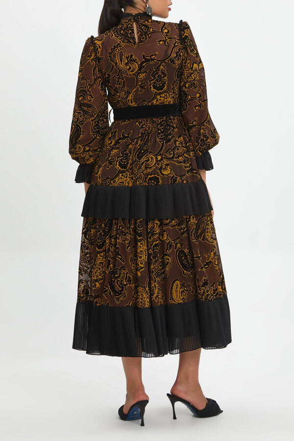 Velvet Detailed Belted Waist Skirt and Ruffled Sleeve Clergy Collar Long Coffee Dress 40335 - 4