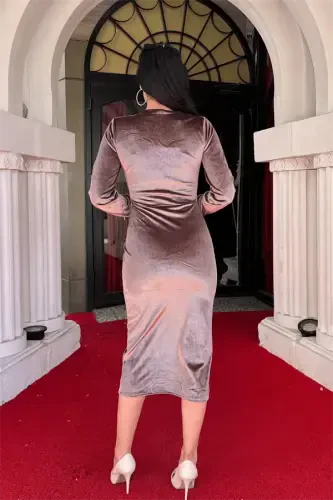 Velvet Fabric Crossover Collar Pencil Dress - BROWN - 5