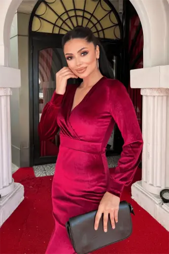 Velvet Fabric Crossover Collar Pencil Dress - BURGUNDY - 3