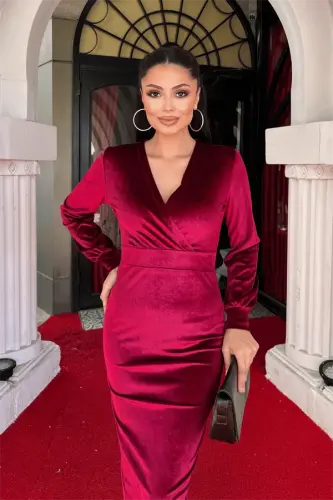 Velvet Fabric Crossover Collar Pencil Dress - BURGUNDY - 4