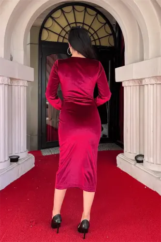 Velvet Fabric Crossover Collar Pencil Dress - BURGUNDY - 5