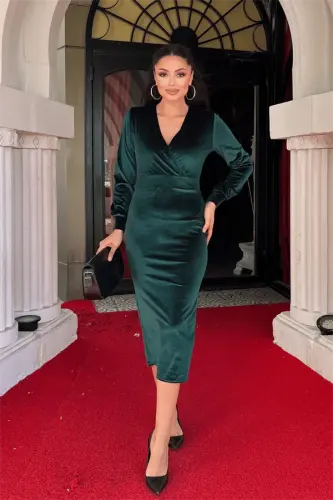 Velvet Fabric Crossover Collar Pencil Dress - EMERALD GREEN - 1