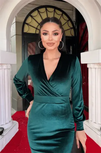 Velvet Fabric Crossover Collar Pencil Dress - EMERALD GREEN - 3