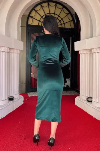 Velvet Fabric Crossover Collar Pencil Dress - EMERALD GREEN - 5