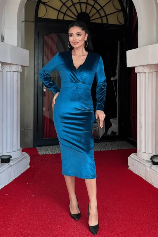 Velvet Fabric Crossover Collar Pencil Dress - TURQUOISE - 2