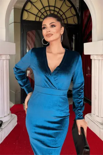 Velvet Fabric Crossover Collar Pencil Dress - TURQUOISE - 3