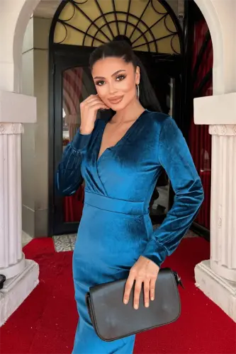 Velvet Fabric Crossover Collar Pencil Dress - TURQUOISE - 4