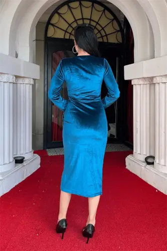 Velvet Fabric Crossover Collar Pencil Dress - TURQUOISE - 5