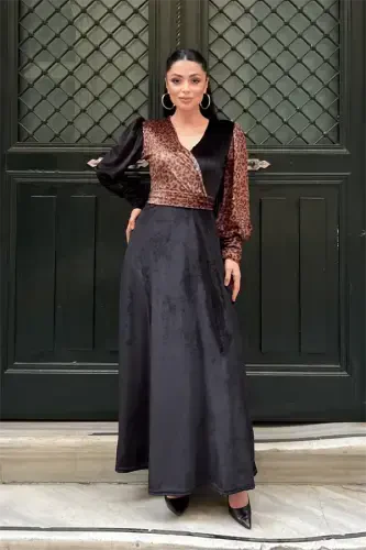 Velvet Fabric Crossover Neck Leopard Dress - LEOPARD - 1