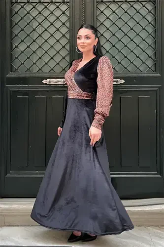Velvet Fabric Crossover Neck Leopard Dress - LEOPARD - BÜYÜKBEDENIZ (1)