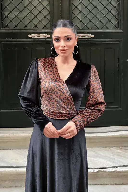 Velvet Fabric Crossover Neck Leopard Dress - LEOPARD - 3