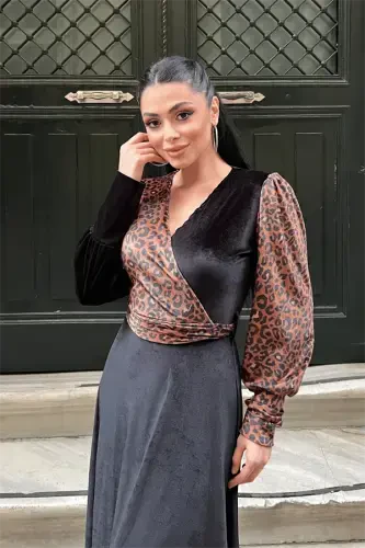 Velvet Fabric Crossover Neck Leopard Dress - LEOPARD - 4
