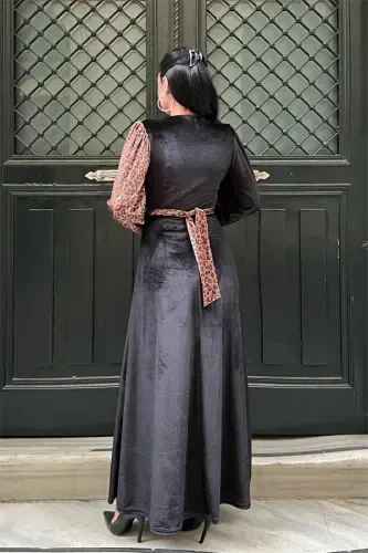 Velvet Fabric Crossover Neck Leopard Dress - LEOPARD - 5