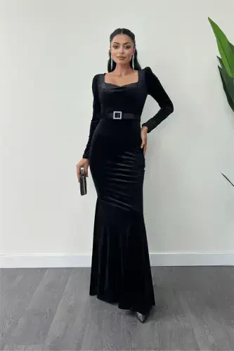 Velvet Fabric Heart Neck Fishtail Dress - BLACK - 1