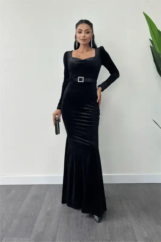 Velvet Fabric Heart Neck Fishtail Dress - BLACK - 1