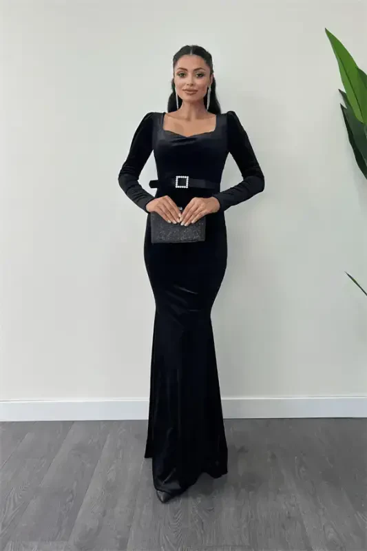 Velvet Fabric Heart Neck Fishtail Dress - BLACK - 2