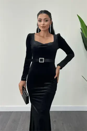 Velvet Fabric Heart Neck Fishtail Dress - BLACK - 3