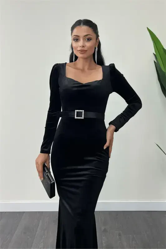 Velvet Fabric Heart Neck Fishtail Dress - BLACK - 3