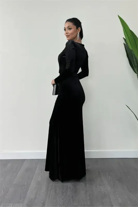 Velvet Fabric Heart Neck Fishtail Dress - BLACK - 5