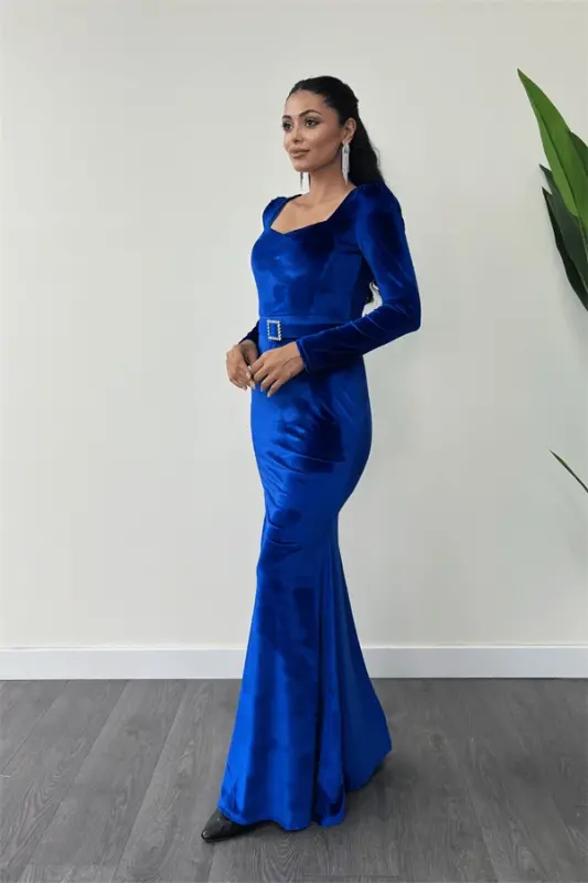 Velvet Fabric Heart Neck Fishtail Dress - SAPPHIRE BLUE - 2