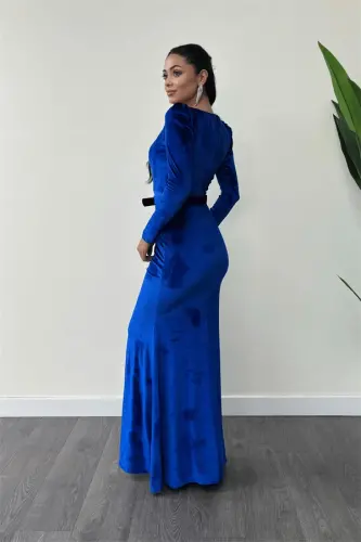 Velvet Fabric Heart Neck Fishtail Dress - SAPPHIRE BLUE - 5