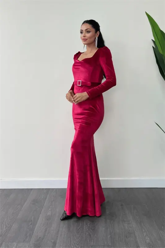 Velvet Fabric Heart Neckline Fishtail Dress - BURGUNDY - 2