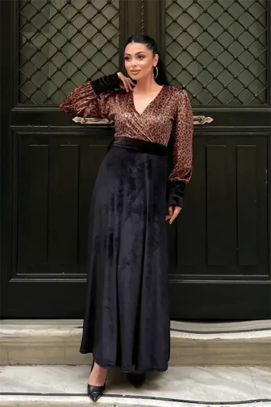 Velvet Fabric Leopard Detailed Dress - BLACK - BÜYÜKBEDENIZ