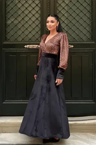 Velvet Fabric Leopard Detailed Dress - BLACK - BÜYÜKBEDENIZ (1)