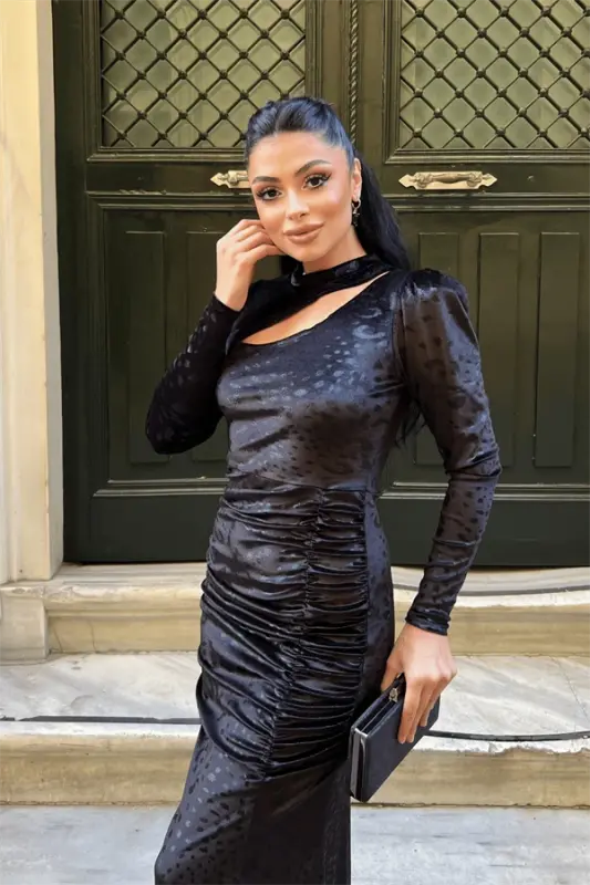 Velvet Fabric Ruched Detail Dress - BLACK - 4