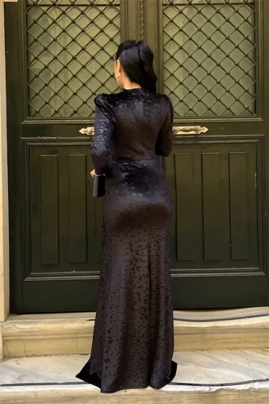 Velvet Fabric Ruched Detail Dress - BLACK - 5