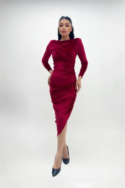 Velvet Fabric Ruched Detail Evening Dress - BURGUNDY - 3