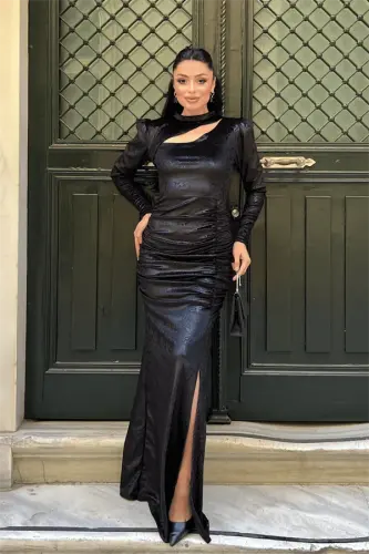 Velvet Fabric Snake Patterned Evening Dress - BLACK - 1