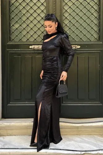 Velvet Fabric Snake Patterned Evening Dress - BLACK - BÜYÜKBEDENIZ (1)