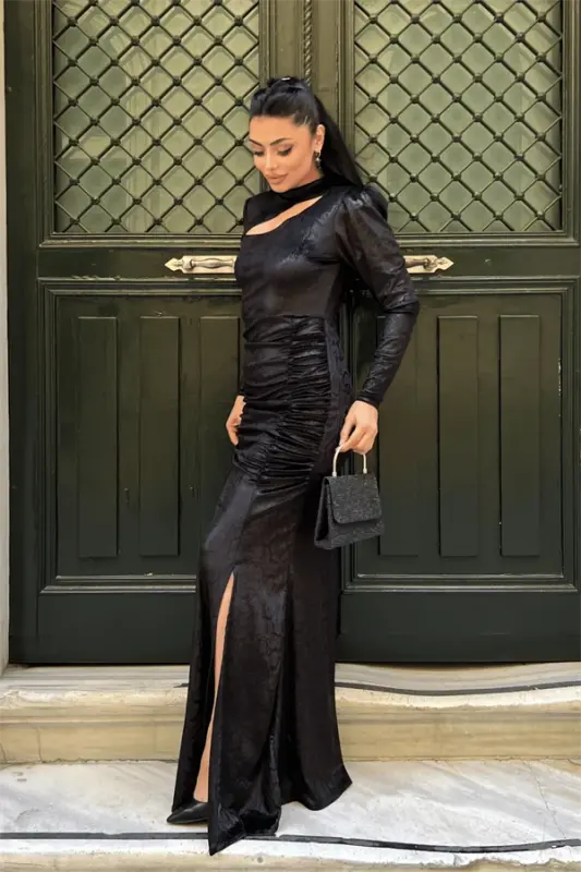 Velvet Fabric Snake Patterned Evening Dress - BLACK - 2