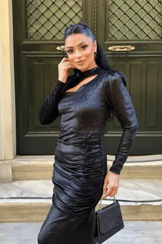 Velvet Fabric Snake Patterned Evening Dress - BLACK - 3