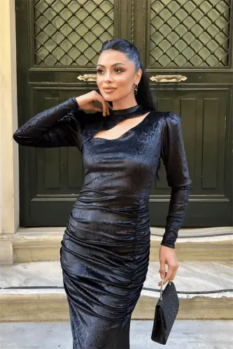 Velvet Fabric Snake Patterned Evening Dress - BLACK - 4