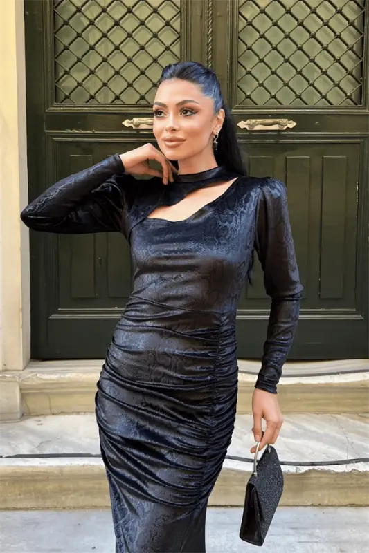 Velvet Fabric Snake Patterned Evening Dress - BLACK - 4