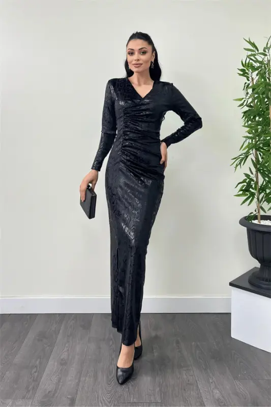 Velvet Fabric Snake Print Ruched Dress - BLACK - BÜYÜKBEDENIZ